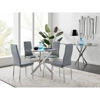 FurnitureboxUK Novara Clear Tempered Glass 100cm Round Dining Table with Chrome Starburst Legs & 4 Milan Faux Leather Chairs in Grey