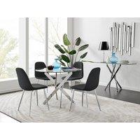 FurnitureboxUK Novara Clear Tempered Glass 100cm Round Dining Table with Chrome Starburst Legs & 4 Corona Faux Leather Silver Leg Chairs in Black