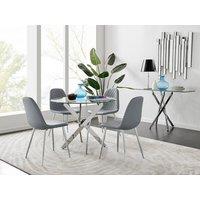 FurnitureboxUK Novara Clear Tempered Glass 100cm Round Dining Table with Chrome Starburst Legs & 4 Corona Faux Leather Silver Leg Chairs in Grey