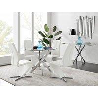 FurnitureboxUK Novara Round 100cm Chrome Metal And Glass Dining Table And 4 Willow Dining Chairs Set in White