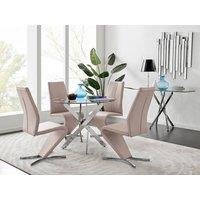 FurnitureboxUK Novara Round 100cm Chrome Metal And Glass Dining Table And 4 Willow Dining Chairs Set in Beige