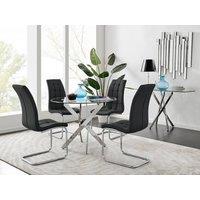 FurnitureboxUK Novara Chrome Metal 100cm Round Glass Dining Table And 4 Murano Dining Chairs in Black