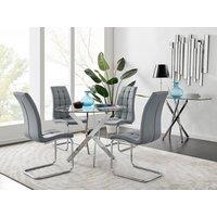 FurnitureboxUK Novara Chrome Metal 100cm Round Glass Dining Table And 4 Murano Dining Chairs in Grey