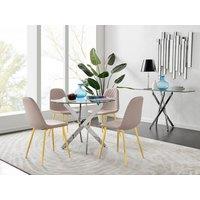 FurnitureboxUK Novara Chrome Metal 100cm Round Glass Dining Table And 4 Corona Gold Dining Chairs in Beige