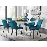 FurnitureboxUK Giovani 6-Seater Grey Glass Dining Table and 6 Pesaro Soft Velvet Dining Chairs in Blue