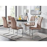 FurnitureboxUK Giovani 6-Seater Grey Glass Dining Table and 6 Murano Faux Leather Dining Chairs in Beige