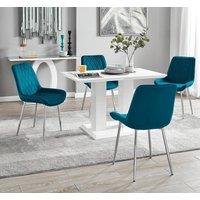 FurnitureboxUK Imperia 4 Seater Modern White High Gloss Rectangular Dining Table And 4 Persaro Velvet Chairs in Blue