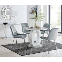 FurnitureboxUK Giovani Round 4 Seat 100cm White High Gloss Halo Base Grey Glass Top Dining Table 4 Soft Velvet Silver Leg Pesaro Chairs