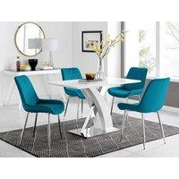FurnitureboxUK Atlanta White High Gloss and Chrome 4 Seater Dining Table with X Shaped Legs and 4 Soft Velvet Pesaro Chairs in Blue