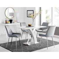 FurnitureboxUK Atlanta White High Gloss and Chrome 4 Seater Dining Table with X Shaped Legs and 4 Soft Velvet Pesaro Chairs in Grey