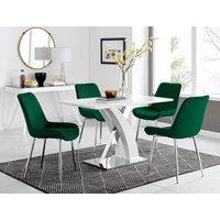 FurnitureboxUK Atlanta White High Gloss and Chrome 4 Seater Dining Table with X Shaped Legs and 4 Soft Velvet Pesaro Chairs in Green