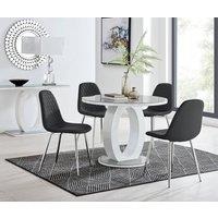 FurnitureboxUK Giovani Round 4 Seat 100cm White High Gloss Halo Base Grey Glass Top Dining Table 4 Soft Faux Leather Silver Leg Corona Chairs in Black