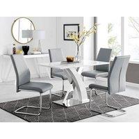 FurnitureboxUK Atlanta White High Gloss and Chrome 4 Seater Dining Table with X Shaped Legs and 4 Faux Leather Lorenzo Chairs in Grey