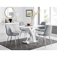 FurnitureboxUK Atlanta White High Gloss and Chrome 4 Seater Dining Table with X Shaped Legs and 4 Faux Leather Corona Chairs in Grey