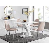 FurnitureboxUK Atlanta White High Gloss and Chrome 4 Seater Dining Table with X Shaped Legs and 4 Faux Leather Corona Chairs in Beige