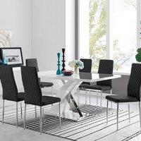 FurnitureboxUK Atlanta Modern Rectangle Chrome Metal High Gloss White Dining Table And 6 Milan Chairs Set in Black