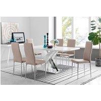 FurnitureboxUK Atlanta Modern Rectangle Chrome Metal High Gloss White Dining Table And 6 Milan Chairs Set in Beige