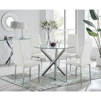 FurnitureboxUK Selina Chrome Round Glass Dining Table and 4 Milan Dining Chairs in Off White | Size: 4 Person
