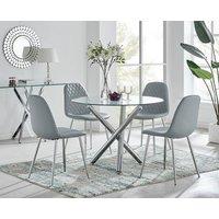 FurnitureboxUK Selina Round Glass Chrome Leg Dining Table and Corona Silver Leg Chairs in Grey | Size: 4 Person