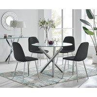 FurnitureboxUK Selina Round Glass Chrome Leg Dining Table and Corona Silver Leg Chairs in Black | Size: 4 Person