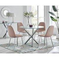 FurnitureboxUK Selina Round Glass Chrome Leg Dining Table and Corona Silver Leg Chairs in Beige | Size: 4 Person