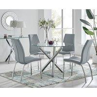 FurnitureboxUK Selina Round Glass Chrome Leg Dining Table and Isco Chairs in Grey | Size: 4 Person