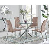 FurnitureboxUK Selina Round Glass Chrome Leg Dining Table and Isco Chairs in Beige | Size: 4 Person