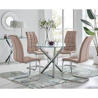 FurnitureboxUK Selina Round Glass Chrome Leg Dining Table and Murano Chairs in Beige | Size: 4 Person