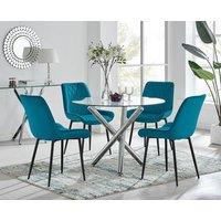 FurnitureboxUK Selina Round Glass Chrome Leg Dining Table and Pesaro Black Leg Chairs in Blue | Size: 4 Person