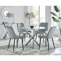 FurnitureboxUK Selina Round Glass Chrome Leg Dining Table and Pesaro Black Leg Chairs in Grey | Size: 4 Person