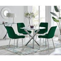 FurnitureboxUK Selina Round Glass Chrome Leg Dining Table and Pesaro Silver Leg Chairs in Green | Size: 4 Person