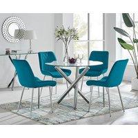 FurnitureboxUK Selina Round Glass Chrome Leg Dining Table and Pesaro Silver Leg Chairs in Blue | Size: 4 Person