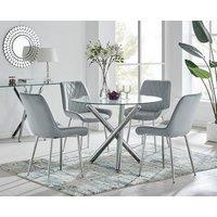 FurnitureboxUK Selina Round Glass Chrome Leg Dining Table and Pesaro Silver Leg Chairs in Grey | Size: 4 Person