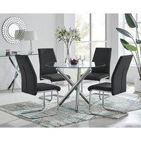 FurnitureboxUK Selina Round Glass And Chrome Metal Dining Table And Lorenzo Chairs Set in Black | Size: 4 Person