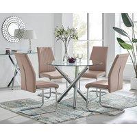 FurnitureboxUK Selina Round Glass And Chrome Metal Dining Table And Lorenzo Chairs Set in Beige | Size: 4 Person