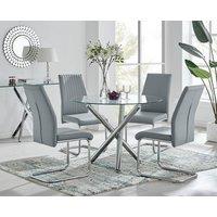 FurnitureboxUK Selina Round Glass And Chrome Metal Dining Table And Lorenzo Chairs Set in Grey | Size: 4 Person