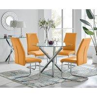FurnitureboxUK Selina Round Glass And Chrome Metal Dining Table And Lorenzo Chairs Set in Mustard | Size: 4 Person