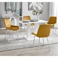 FurnitureboxUK Imperia 4 Seater Modern White High Gloss Rectangular Dining Table And 4 Persaro Velvet Chairs in Mustard