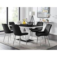 FurnitureboxUK Giovani Rectangular 6 Seat White High Gloss Unique Halo Base Dining Table Black Glass Top 6 Soft Velvet Silver Leg Pesaro Chairs