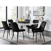 FurnitureboxUK Giovani 6-Seater Grey Glass Dining Table and 6 Pesaro Soft Velvet Dining Chairs in Black