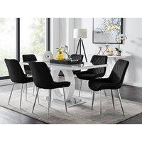 FurnitureboxUK Giovani 6-Seater Grey Glass Dining Table and 6 Pesaro Soft Velvet Dining Chairs in Black
