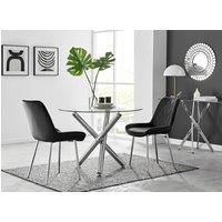 FurnitureboxUK Selina Round Glass Chrome Leg Dining Table and Pesaro Silver Leg Chairs in Black | Size: 4 Person