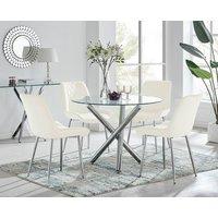 FurnitureboxUK Selina Round Glass Chrome Leg Dining Table and Pesaro Silver Leg Chairs in Cream | Size: 4 Person