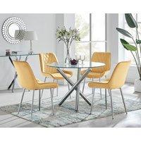 FurnitureboxUK Selina Round Glass Chrome Leg Dining Table and Pesaro Silver Leg Chairs in Mustard | Size: 4 Person
