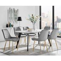 FurnitureboxUK Andria Marble Effect Dining Table With Black Legs & 6 Pesaro Velvet Gold Leg Chairs in Grey