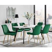 FurnitureboxUK Andria Marble Effect Dining Table With Black Legs & 6 Pesaro Velvet Gold Leg Chairs in Green