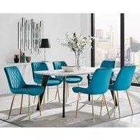 FurnitureboxUK Andria Marble Effect Dining Table With Black Legs & 6 Pesaro Velvet Gold Leg Chairs in Blue