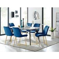 FurnitureboxUK Andria Marble Effect Dining Table With Black Legs & 6 Pesaro Velvet Gold Leg Chairs in Navy