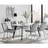 FurnitureboxUK Andria Marble Effect Dining Table With Black Legs & 6 Pesaro Velvet Silver Leg Chairs in Grey