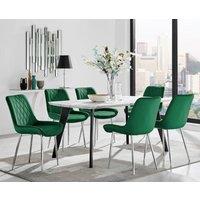 FurnitureboxUK Andria Marble Effect Dining Table With Black Legs & 6 Pesaro Velvet Silver Leg Chairs in Green